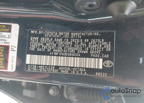 2014 Toyota Camry Se from USA, damaged, VIN 4T1BF1FK9EU846354